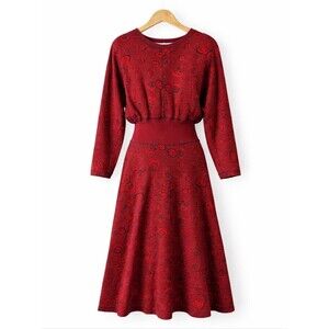 Christian de Castelnau Neiman Marcus 80s Knit Red Black Rose Jacquard Midi Dress